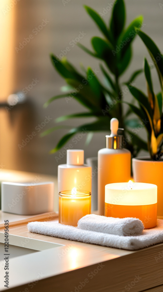 A serene bathroom scene featuring candles, skincare products, and greenery for a relaxing atmosphere. A serene bathroom scene featuring candles, skincare products, and greenery for a relaxing atmosphere.