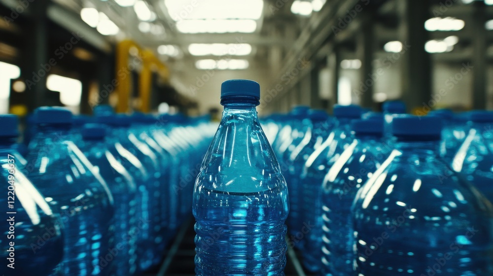 Close-up of a blue plastic water bottle surrounded by similar bottles in a bright factory setting Close-up of a blue plastic water bottle surrounded by similar bottles in a bright factory setting