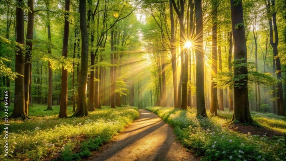 Obraz premium Sunlit Path Through a Verdant Forest at Dawn