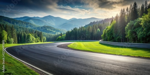 Asphalt race track curving through a lush green forest landscape against a backdrop of majestic mountains under a vibrant sky