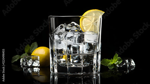 A stylish Gin and Tonic cocktail with a caramelized lemon slice, sparkling tonic water, and a copper mug. photo