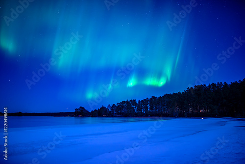 Northern lights dancing over frozen lake. Farnebofjarden national park in north of Sweden. photo