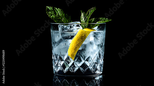 A stylish Gin and Tonic served in a frosted glass with a thin lemon twist, mint leaves, and crushed ice. photo