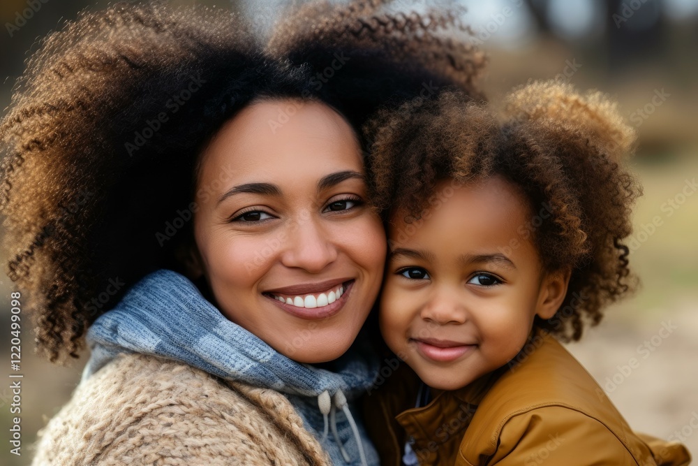 Happy mother and daughter are smiling and embracing outdoors in a close up portrait Happy mother and daughter are smiling and embracing outdoors in a close up portrait