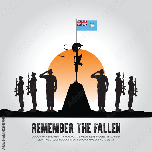 Fiji flag in remember the fallen flag for morning sun and army design