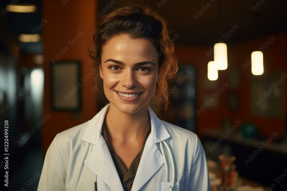 Fototapeta premium Portrait of smiling female doctor wearing white coat and stethoscope in hospital setting