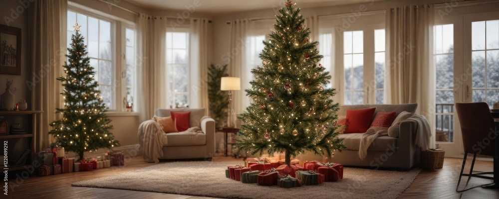 Obraz premium A large tinsel covered Christmas tree in a cozy living room with soft lighting , garland, inviting, cozy