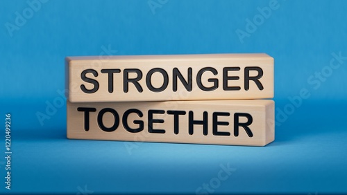 Stronger together symbol. Wooden blocks with words Stronger together.Stronger together concept. Wooden cube blocks. Copy space.3D rendering on blue background.