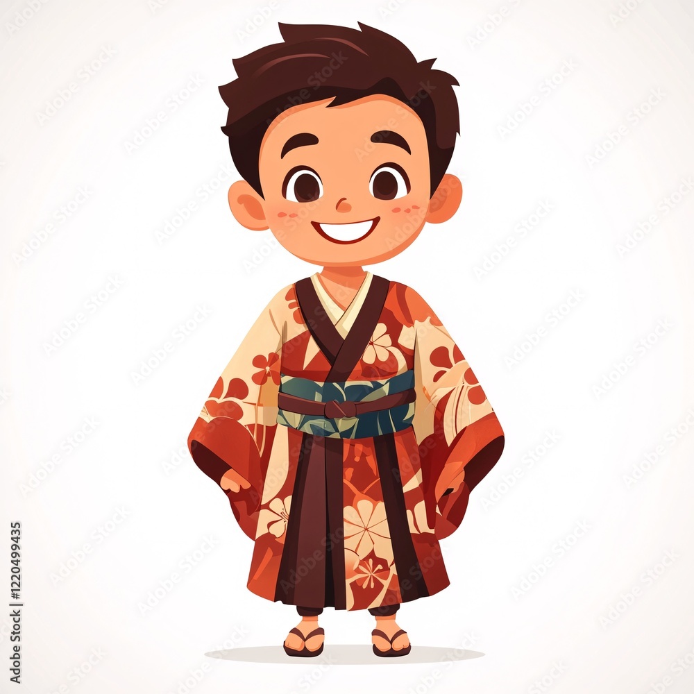 A smiling male cartoon character wearing traditional Japanese dress, consisting of a patterned kimono, wide obi belt, and tabi socks, on a white background A smiling male cartoon character wearing traditional Japanese dress, consisting of a patterned kimono, wide obi belt, and tabi socks, on a white background