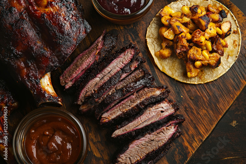 Delicious smoked barbecue meat with tender brisket, ribs, and tacos on the wood table photo