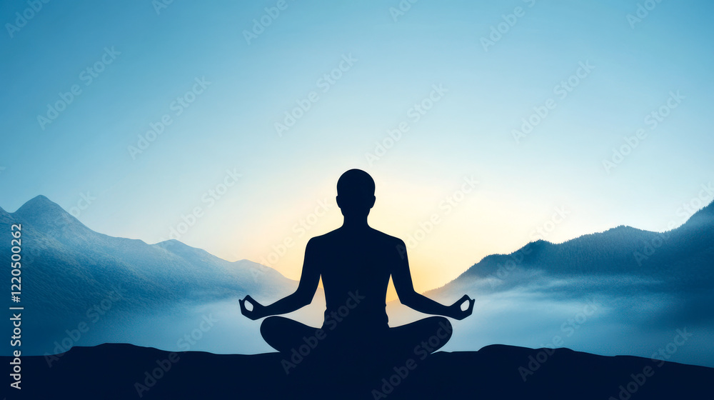 A serene silhouette meditates against a tranquil mountain backdrop, embodying peace and mindfulness in a beautiful twilight setting. A serene silhouette meditates against a tranquil mountain backdrop, embodying peace and mindfulness in a beautiful twilight setting.