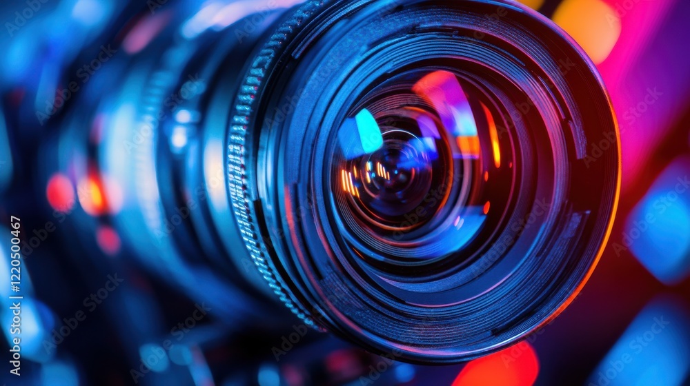 Close-up of a camera lens with vibrant reflections and bokeh lights in the background Close-up of a camera lens with vibrant reflections and bokeh lights in the background
