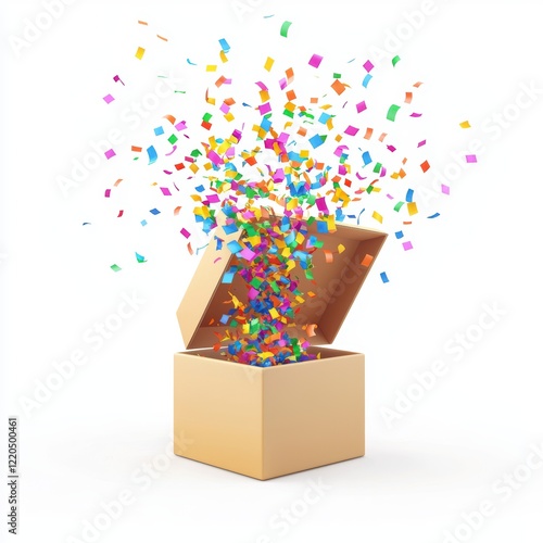 3D icon cartoon open gift box with colorful confetti bursting out, isolated on a white background --quality 2