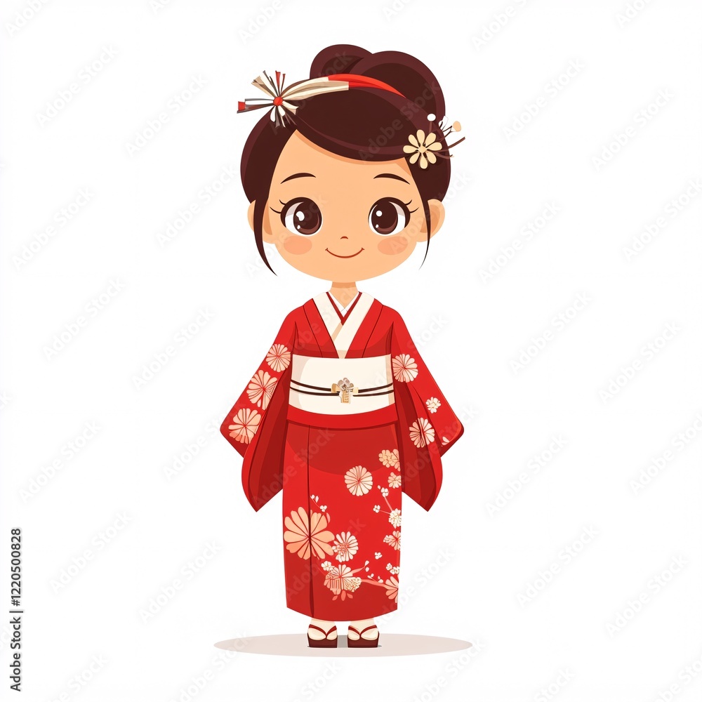 A female cartoon character dressed in Japanese national clothing, with a red kimono, white obi belt, and a decorative hairpin, set against a white background A female cartoon character dressed in Japanese national clothing, with a red kimono, white obi belt, and a decorative hairpin, set against a white background