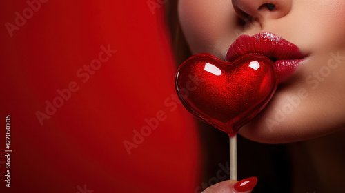 Close up of a woman with red lipstick and a valentine heart lolly