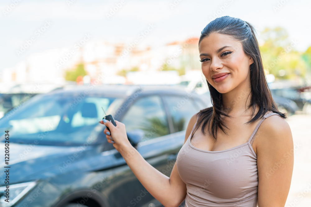 Young pretty woman at outdoors holding car keys with happy expression Young pretty woman at outdoors holding car keys with happy expression