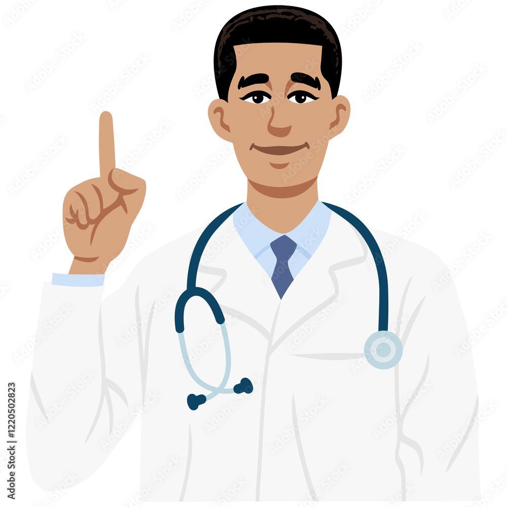 Doctor Black Man Raises Finger with Stethoscope Illustration Flat Design Doctor Black Man Raises Finger with Stethoscope Illustration Flat Design