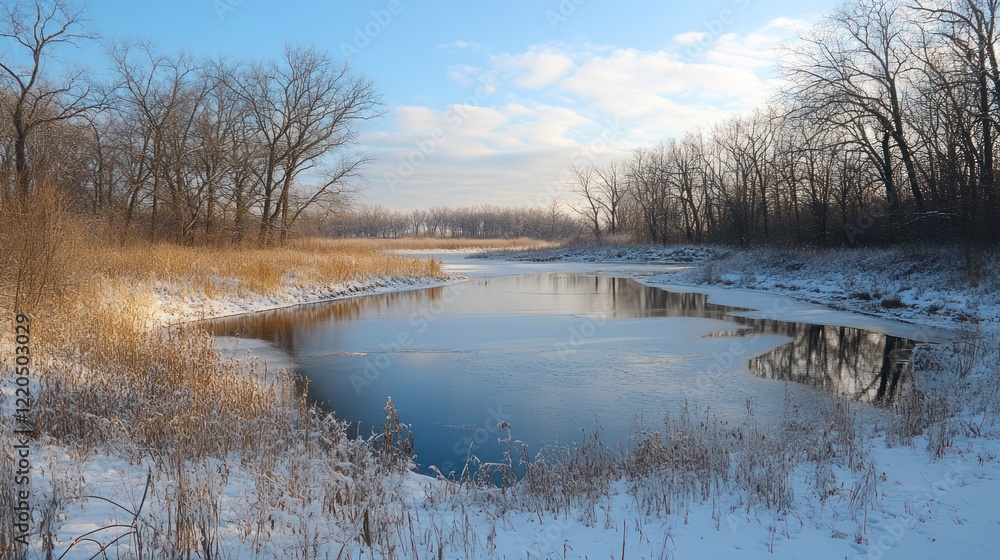 Winter river landscape, snowy banks, trees, calm water, nature scene, poster Winter river landscape, snowy banks, trees, calm water, nature scene, poster