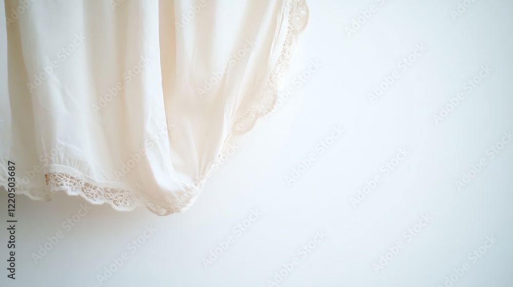 Off White Lace Trimmed Fabric Draped Against White Wall Off White Lace Trimmed Fabric Draped Against White Wall