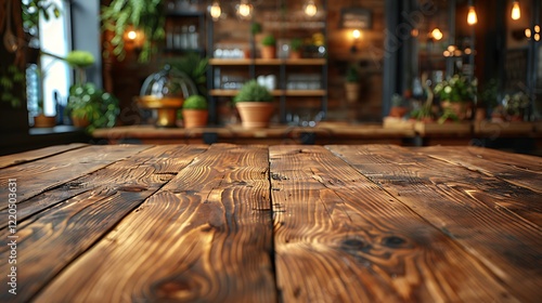 Wood desk in front of a natural garden background. Summer lifestyle concept