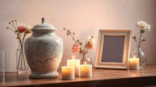 Marble cremation urn with candles and flowers on wooden table