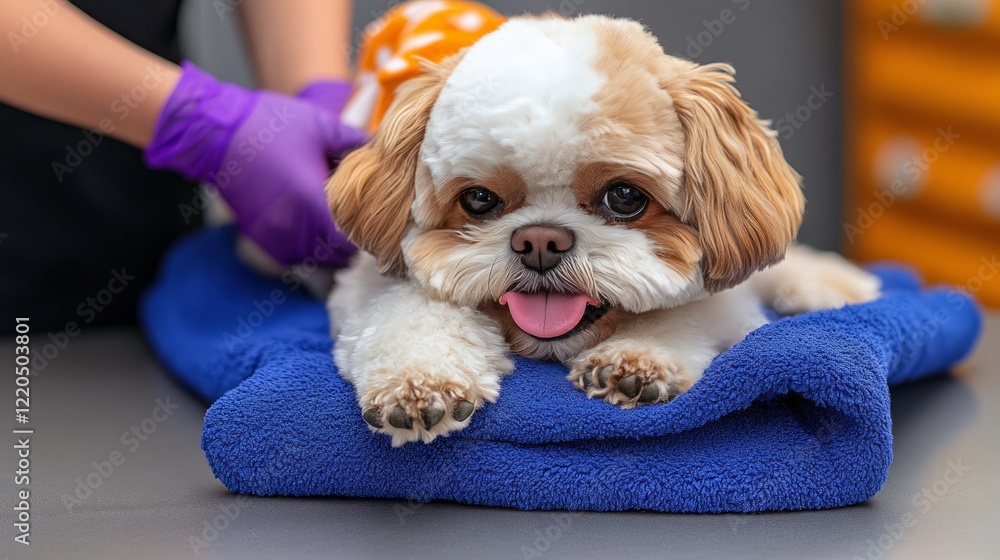 Veterinarian wearing purple gloves examining shih tzu dog's health on blue towel during routine veterinary checkup at professional clinic