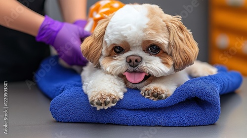 Obraz na płótnie Veterinarian wearing purple gloves examining shih tzu dog's health on blue towel during routine veterinary checkup at professional clinic w salonie