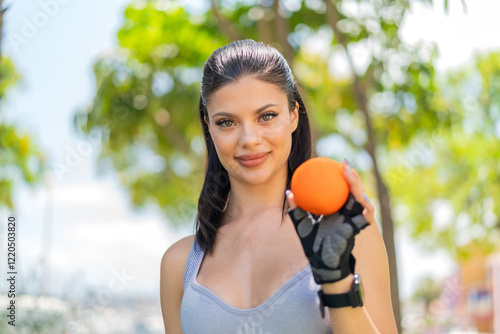 Young pretty sport woman at outdoors holding an orange with happy expression photo