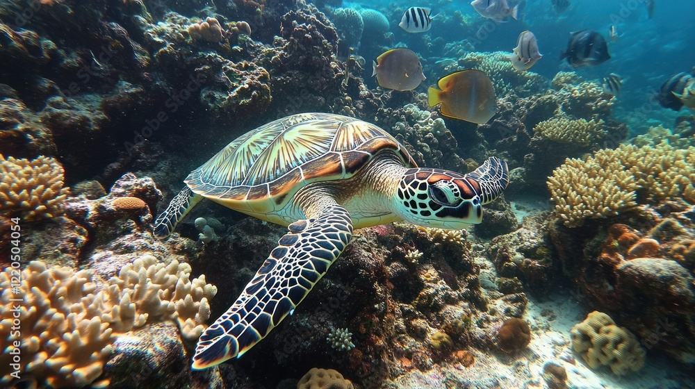 Fototapeta premium Sea turtle swims coral reef, tropical fish background, underwater wildlife