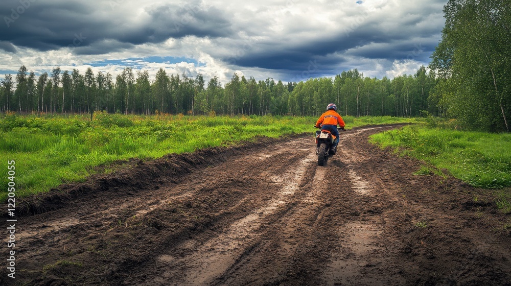 Obraz premium Motorcycle Rider Navigating Muddy Forest Trail