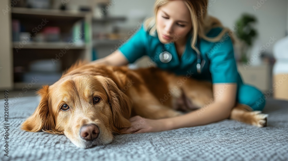 Compassionate veterinarian gently stroking golden retriever during medical examination, offering soothing support on clinic table while checking patient's condition