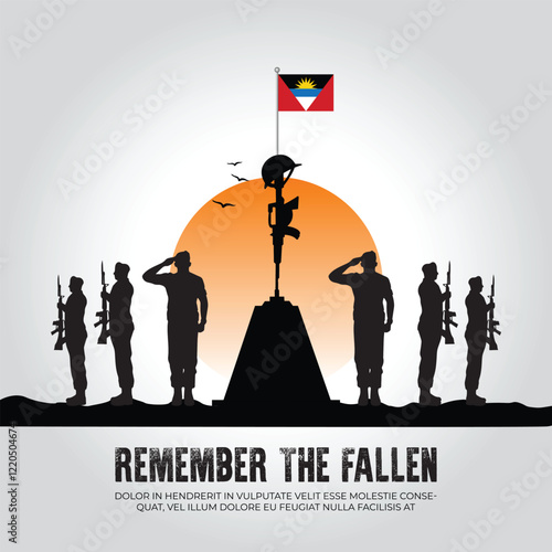 Antigua and Barbuda flag in remember the fallen flag for morning sun and army design
