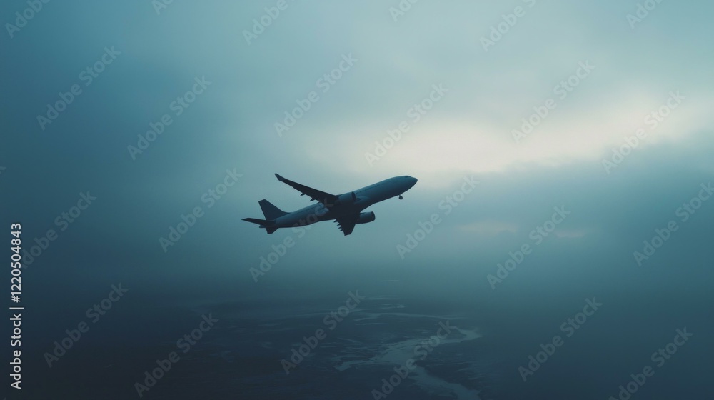 Airplane in flight through dramatic sky - aerial view of clouds at dusk Airplane in flight through dramatic sky - aerial view of clouds at dusk