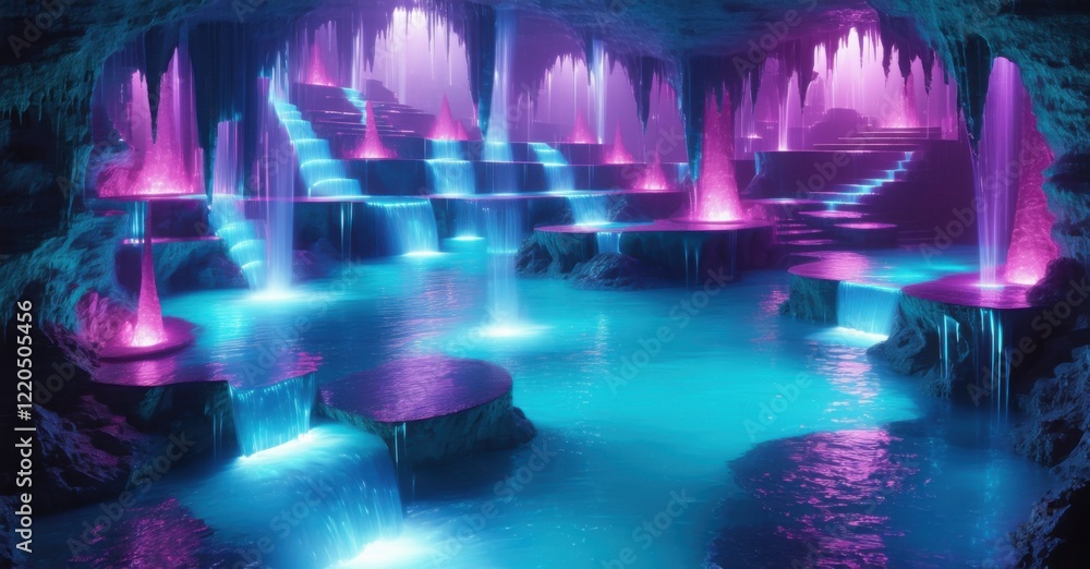 Fototapeta premium Labyrinth of underground caverns filled with glowing waterfalls and hidden pools Ethereal atmosphere of flowing water and illuminated rock formations creating a surreal subterranean wonder