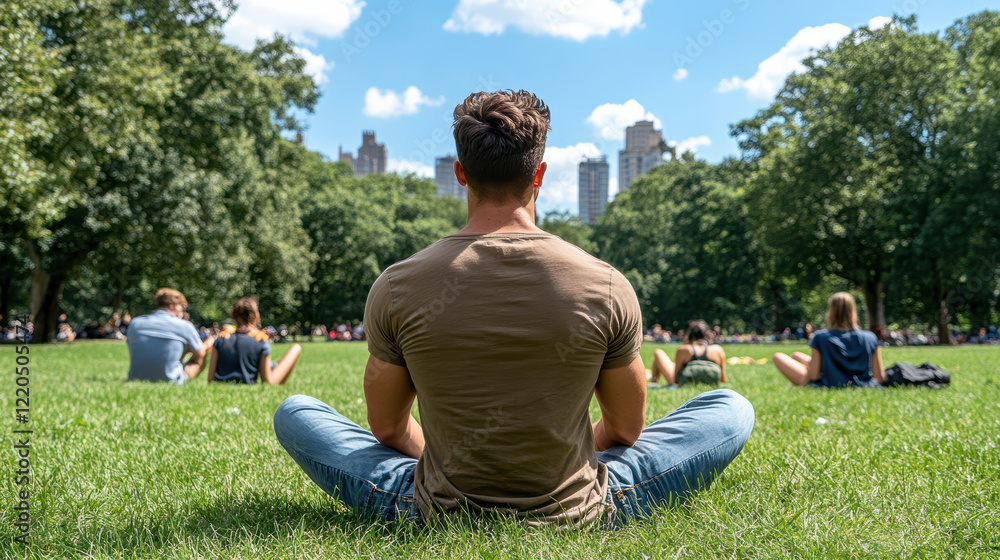 Fototapeta premium person sitting cross legged in park, enjoying sunny day