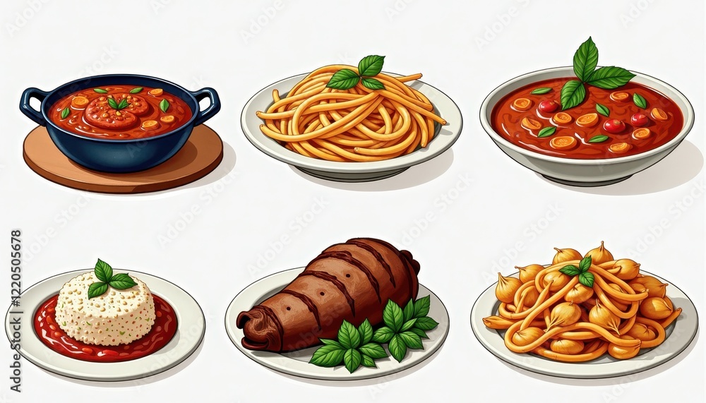 Vibrant Italian Food Illustration Set Against White Background for Black History Month Vibrant Italian Food Illustration Set Against White Background for Black History Month