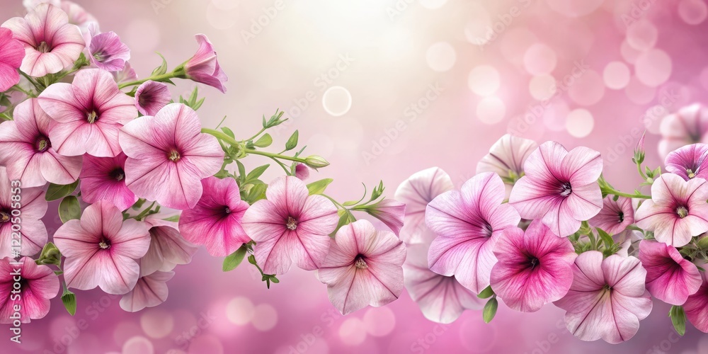 Delicate petunia blooms scattered across a soft pink background with delicate petals and intricate details, pink, watercolor style Delicate petunia blooms scattered across a soft pink background with delicate petals and intricate details, pink, watercolor style