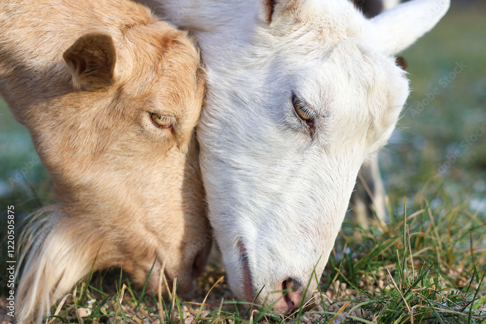 Fototapeta premium Two adorable goats are happily eating grass together in a field