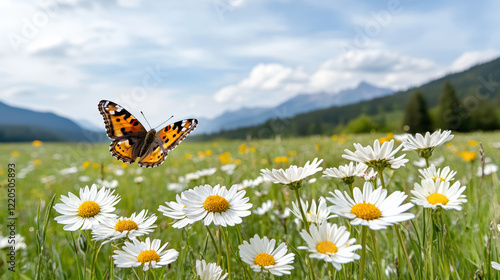 butterfly gracefully flutters over meadow filled with wildflowers, creating serene scene