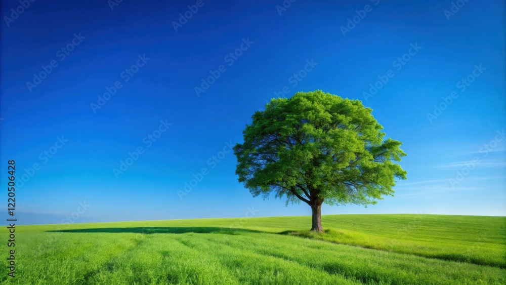 Serene landscape featuring a single deciduous tree in a vibrant green field under a clear blue sky Serene landscape featuring a single deciduous tree in a vibrant green field under a clear blue sky