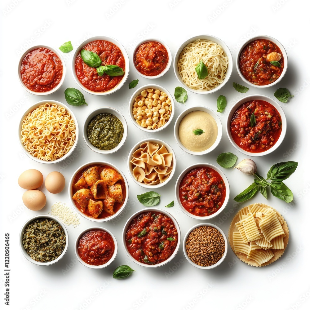 Pasta, sauce, and ingredients; cooking; overhead studio shot; food background Pasta, sauce, and ingredients; cooking; overhead studio shot; food background