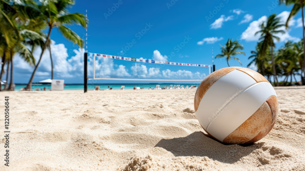 Obraz premium beach volleyball court with ball on sandy shore and palm trees