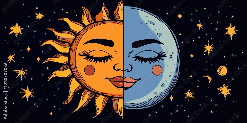 Celestial face split between resting sun and moon, sharing closed eyes amid starry cosmic landscape, symbolizing peaceful harmony of day and night