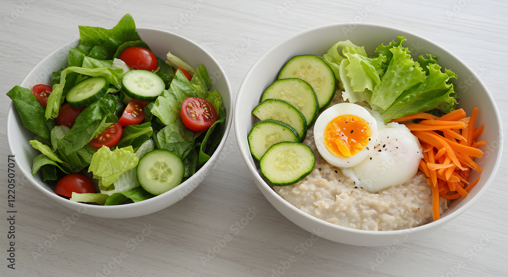 A breakfast bowl featuring oatmeal, zucchini, lettuce, carrots, and a boiled egg, accompanied by a fresh salad. A breakfast bowl featuring oatmeal, zucchini, lettuce, carrots, and a boiled egg, accompanied by a fresh salad.