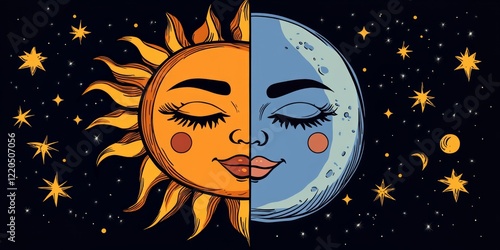 Obraz na płótnie Celestial face split between resting sun and moon, sharing closed eyes amid starry cosmic landscape, symbolizing peaceful harmony of day and night w salonie