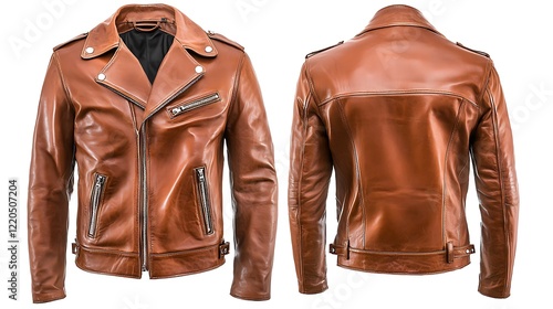 Brown leather jacket front and back view on white background for fashion or apparel photo