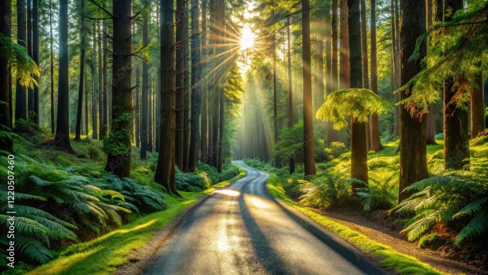 Fototapeta premium Sunlit Forest Road with Lush Greenery and Tall Trees