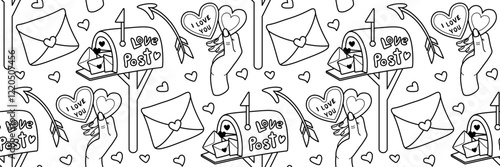 Valentine's day doodle pattern. Red mailbox with love letters and hearts. Romantic line Background. Hand holds valentine heart with love message. February 14 celebration. Vector outline illustration.