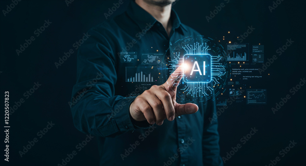 businessman touching a virtual screen, AI Innovation businessman touching a virtual screen, AI Innovation