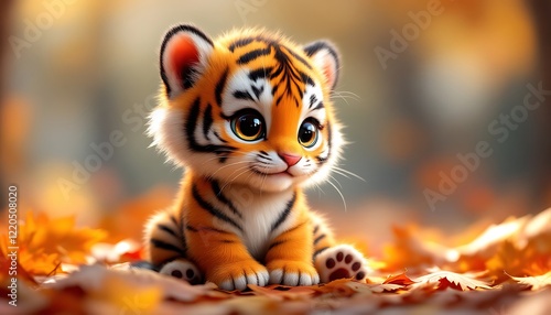 Adorable Baby Tiger Cub Autumn Leaves Soft Fur Digital Art photo